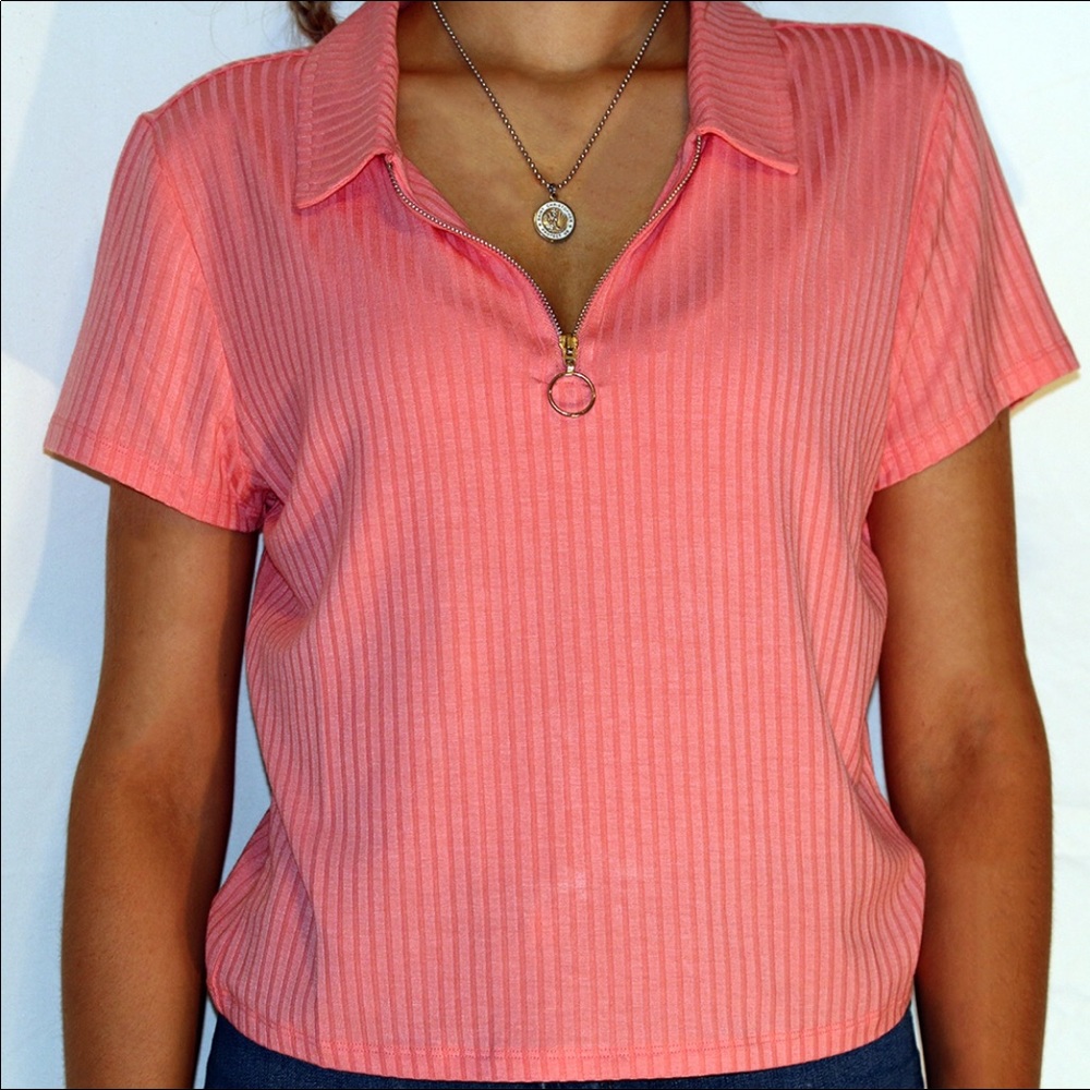 Pink Quarter-Zip Crop Top